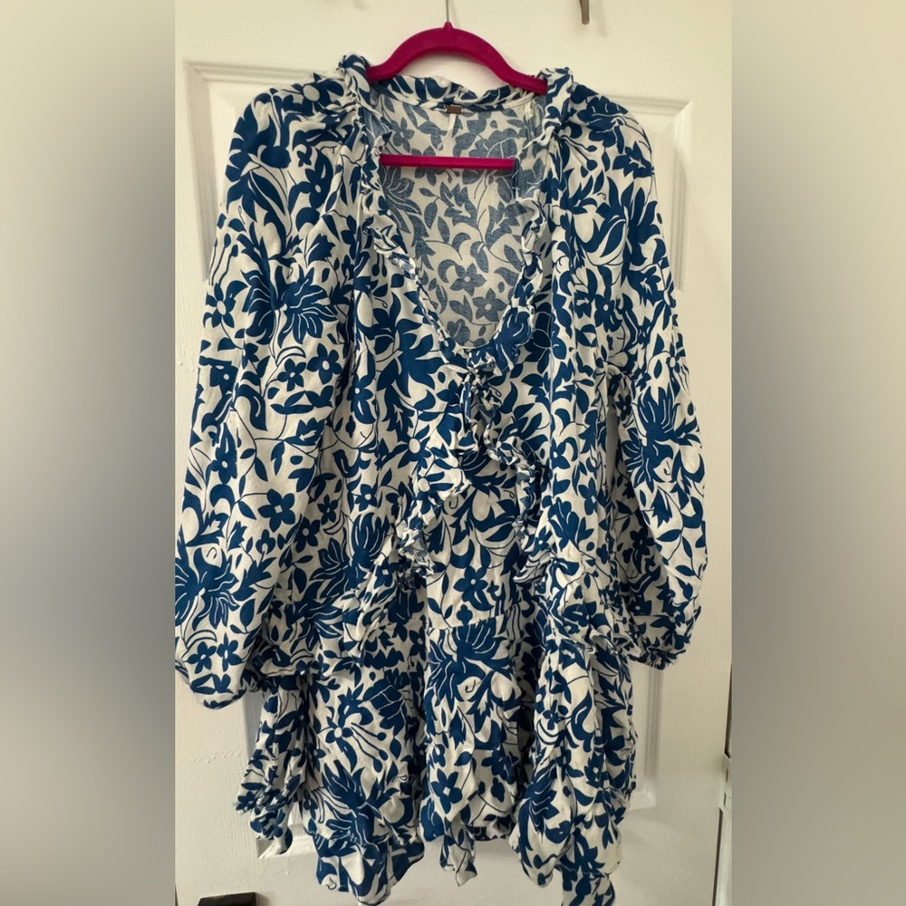 Free People Blue and White Long Sleeve Floral Dress